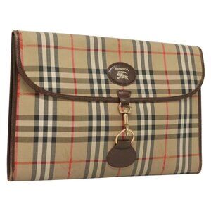 Burberrys Nova Check Document Case Clutch Bag Canvas Beige Gold Auth BA3988